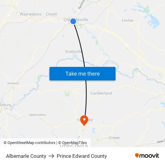 Albemarle County to Prince Edward County map