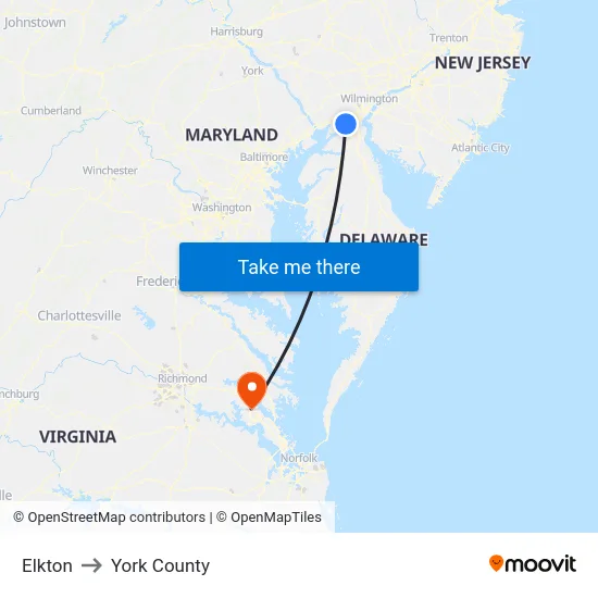 Elkton to York County map
