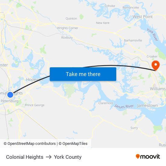 Colonial Heights to York County map