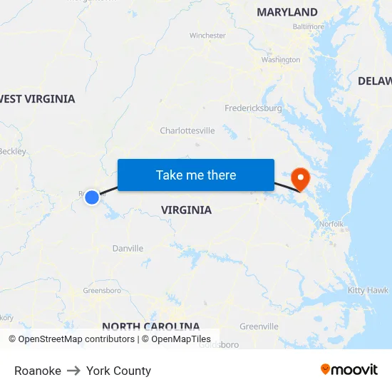 Roanoke to York County map