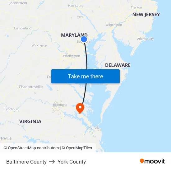Baltimore County to York County map
