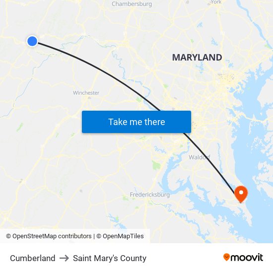 Cumberland to Saint Mary's County map