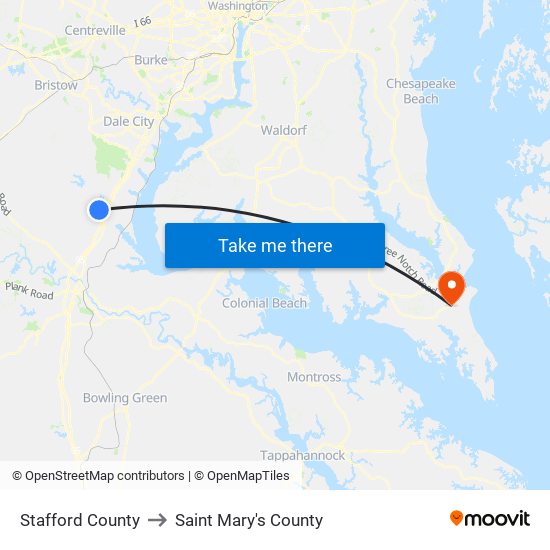Stafford County to Saint Mary's County map