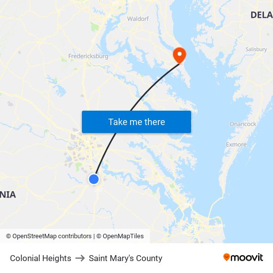 Colonial Heights to Saint Mary's County map