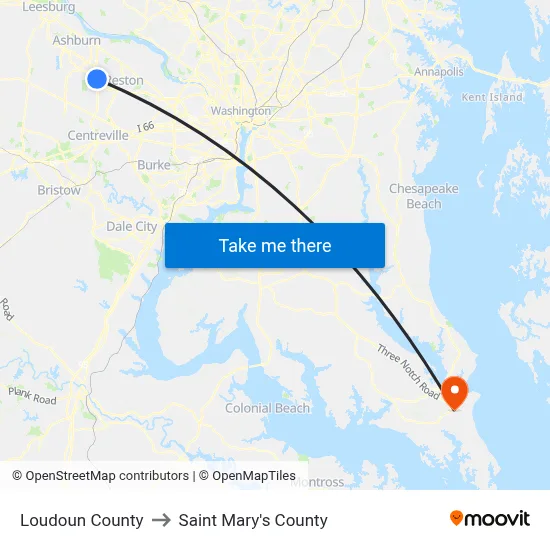 Loudoun County to Saint Mary's County map