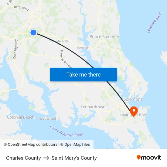 Charles County to Saint Mary's County map