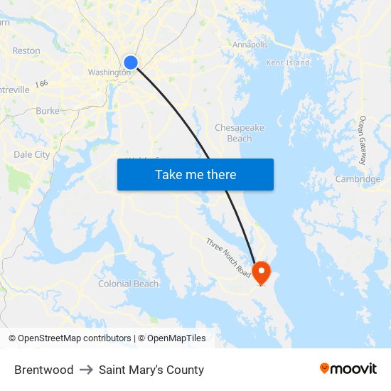 Brentwood to Saint Mary's County map