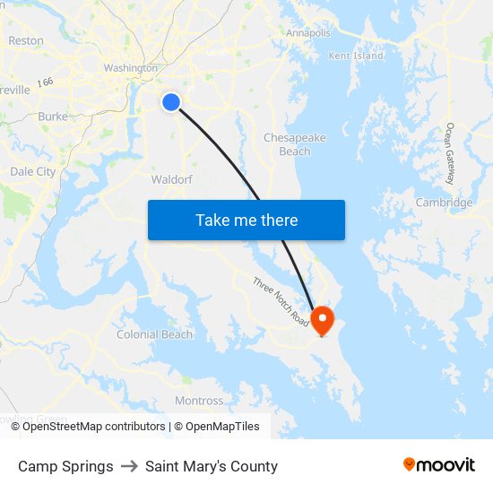 Camp Springs to Saint Mary's County map