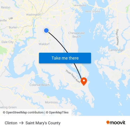 Clinton to Saint Mary's County map