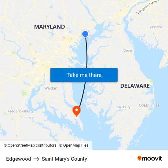 Edgewood to Saint Mary's County map