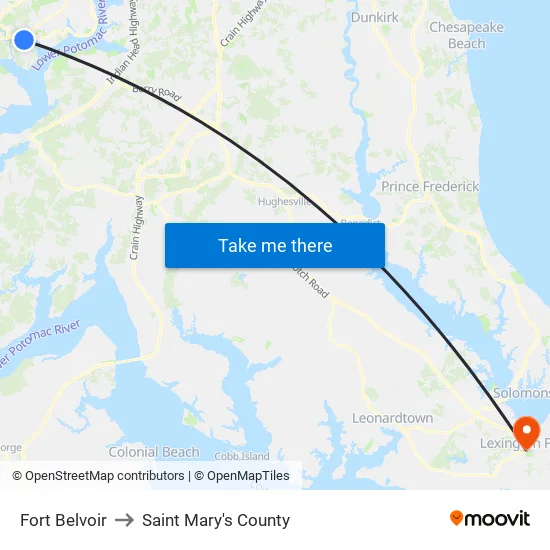 Fort Belvoir to Saint Mary's County map