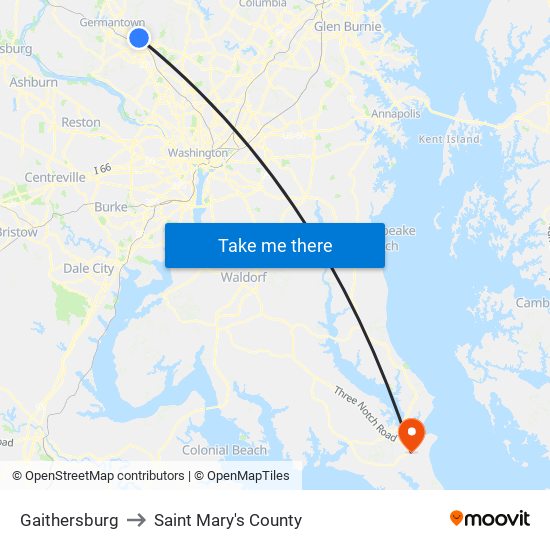 Gaithersburg to Saint Mary's County map