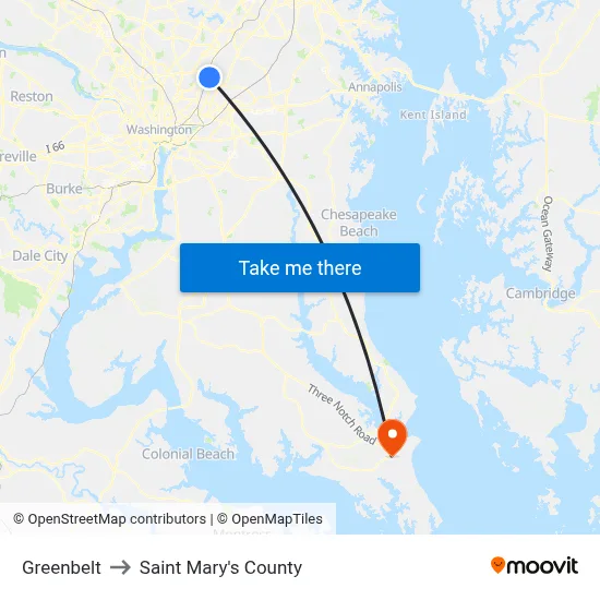 Greenbelt to Saint Mary's County map