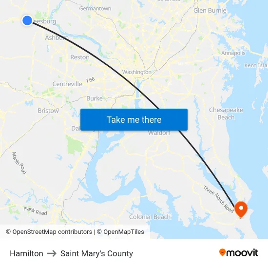 Hamilton to Saint Mary's County map