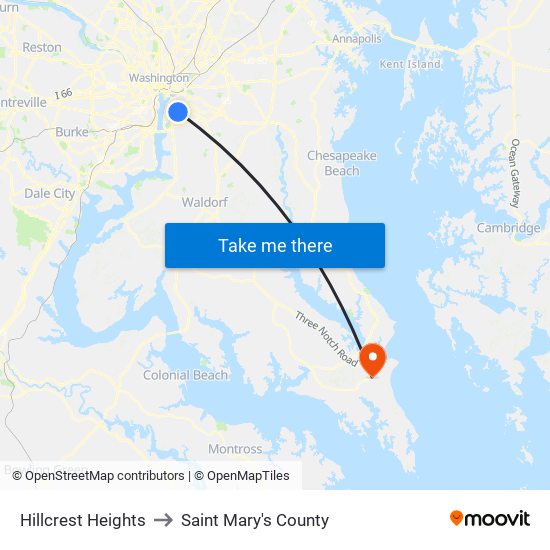 Hillcrest Heights to Saint Mary's County map