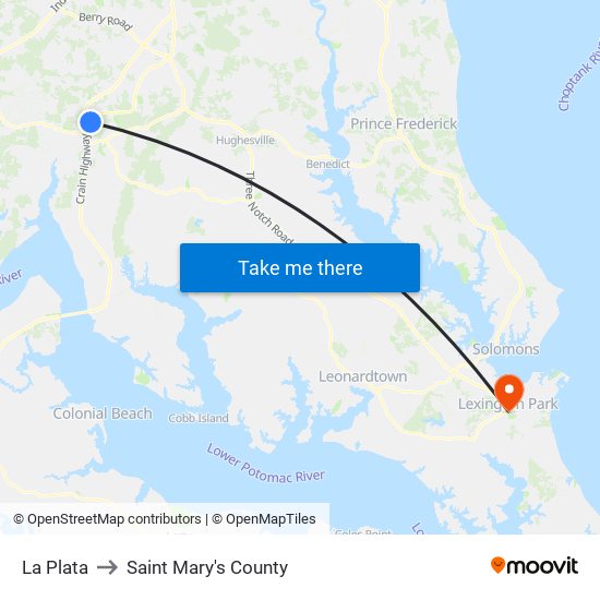 La Plata to Saint Mary's County map