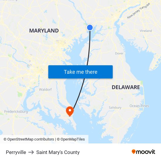 Perryville to Saint Mary's County map