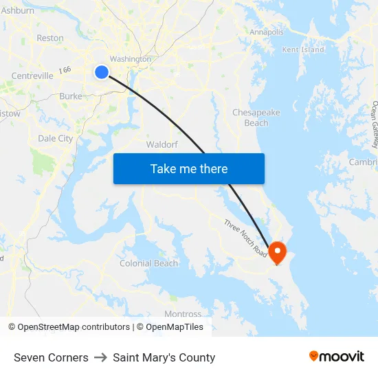 Seven Corners to Saint Mary's County map