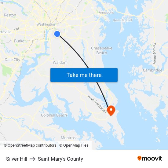 Silver Hill to Saint Mary's County map