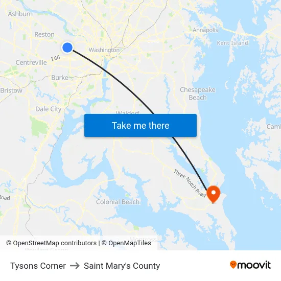 Tysons Corner to Saint Mary's County map