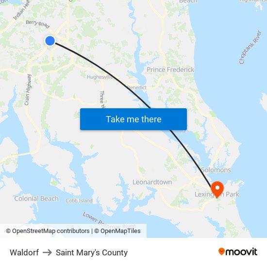 Waldorf to Saint Mary's County map