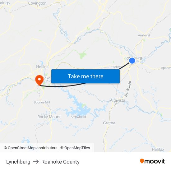 Lynchburg to Roanoke County map