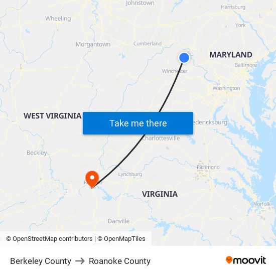 Berkeley County to Roanoke County map