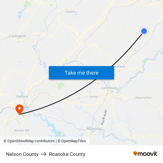 Nelson County to Roanoke County map