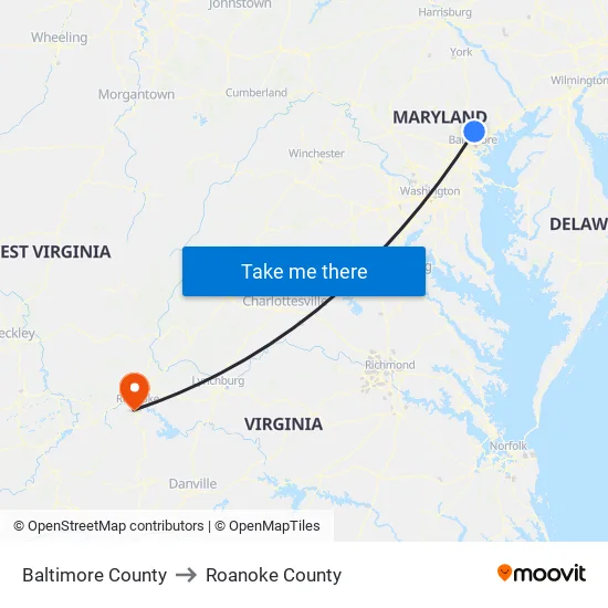 Baltimore County to Roanoke County map