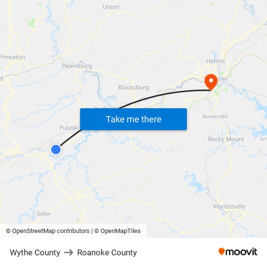 Wythe County to Roanoke County map