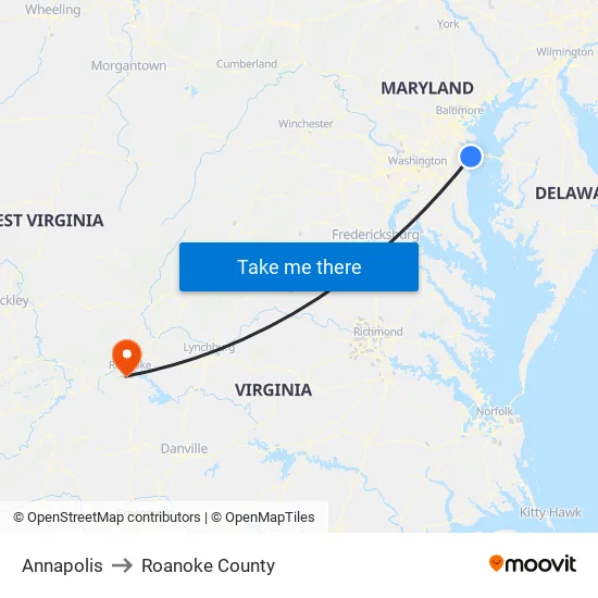 Annapolis to Roanoke County map