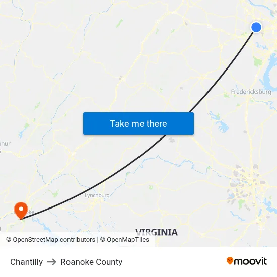 Chantilly to Roanoke County map