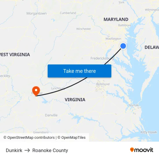 Dunkirk to Roanoke County map