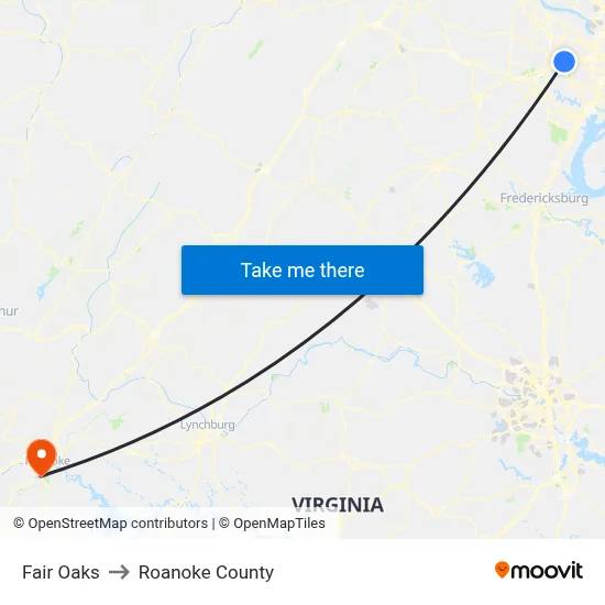 Fair Oaks to Roanoke County map