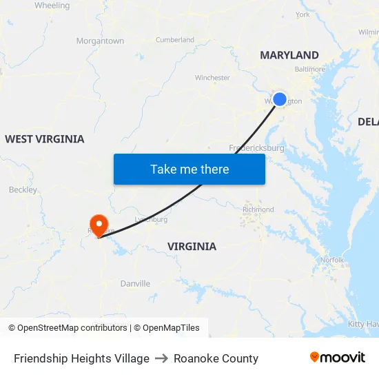 Friendship Heights Village to Roanoke County map