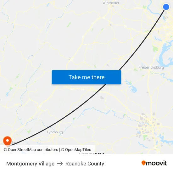 Montgomery Village to Roanoke County map