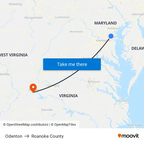 Odenton to Roanoke County map