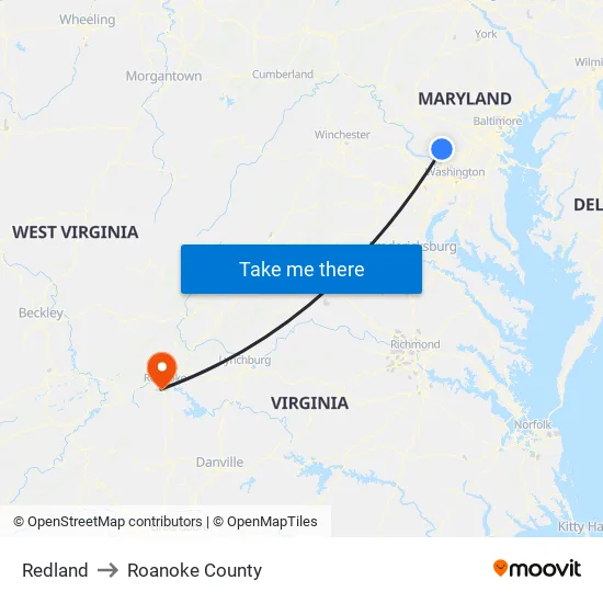 Redland to Roanoke County map