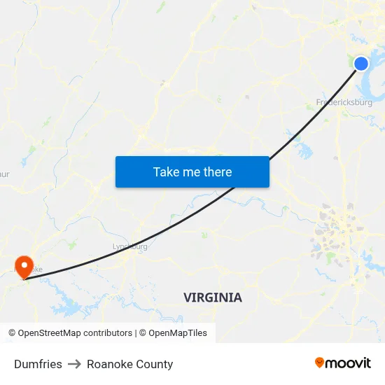 Dumfries to Roanoke County map