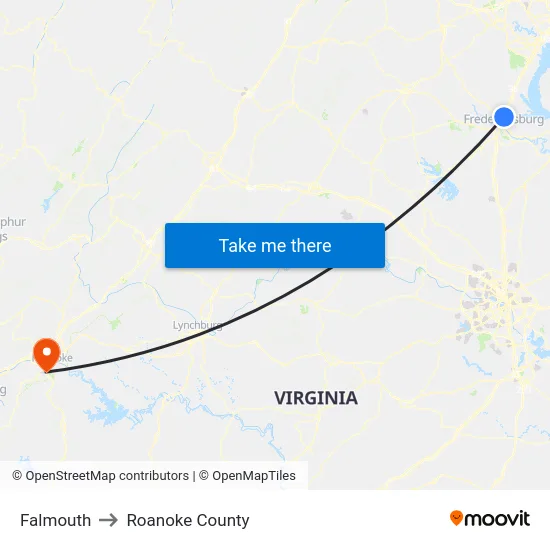 Falmouth to Roanoke County map