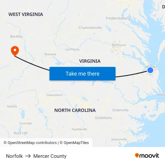 Norfolk to Mercer County map