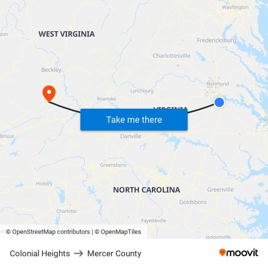 Colonial Heights to Mercer County map