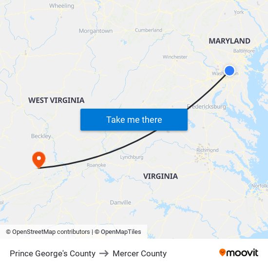 Prince George's County to Mercer County map