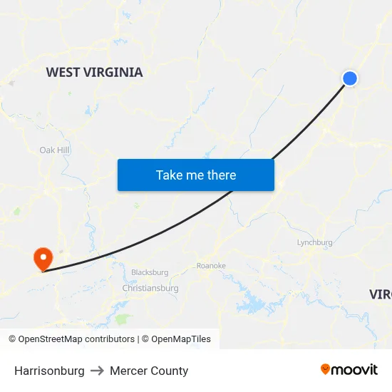 Harrisonburg to Mercer County map
