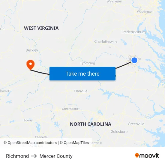 Richmond to Mercer County map