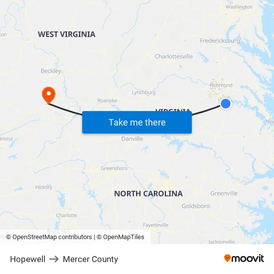 Hopewell to Mercer County map