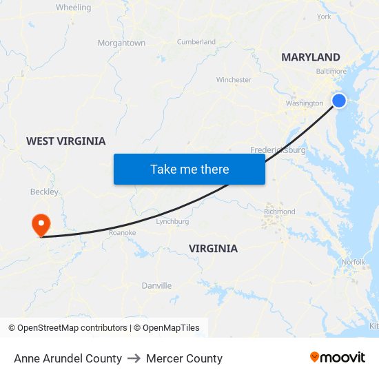 Anne Arundel County to Mercer County map