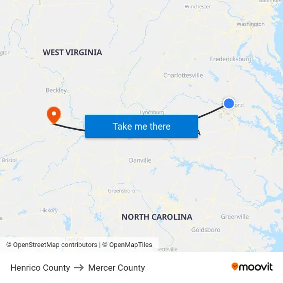 Henrico County to Mercer County map