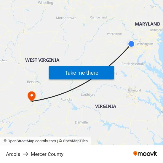 Arcola to Mercer County map