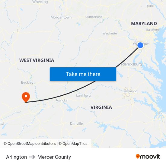 Arlington to Mercer County map